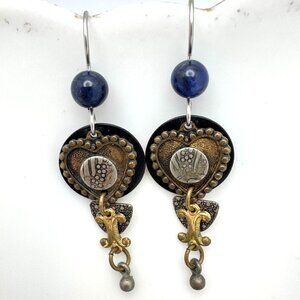 Blue Sodalite Beads Mixed Metal Earrings Abstract Heart Design Vintage